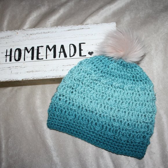 Ombre Teal crochet beanie with fur pom